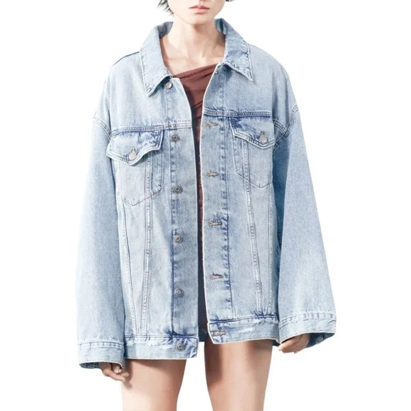 Zara Oversized Cotton Denim Jacket Men's Sz XXL Light Wash Jean Trucker Western - Picture 1 of 7